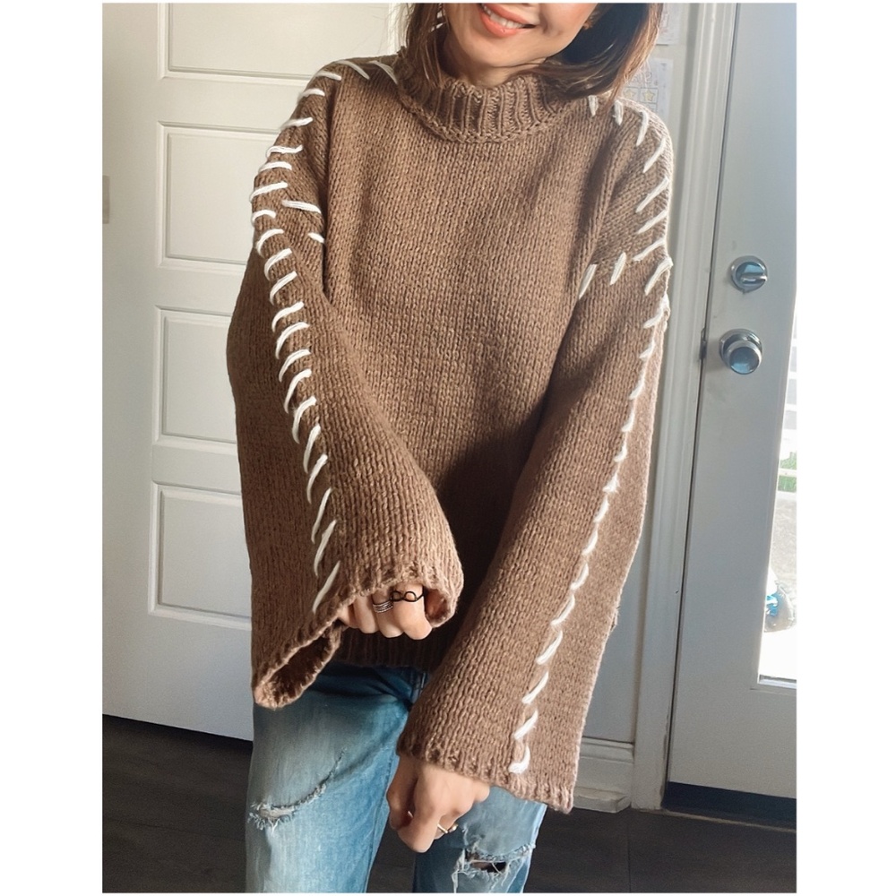 Cozy Mocha Brown Stitched Detail Turtleneck Sweater Top